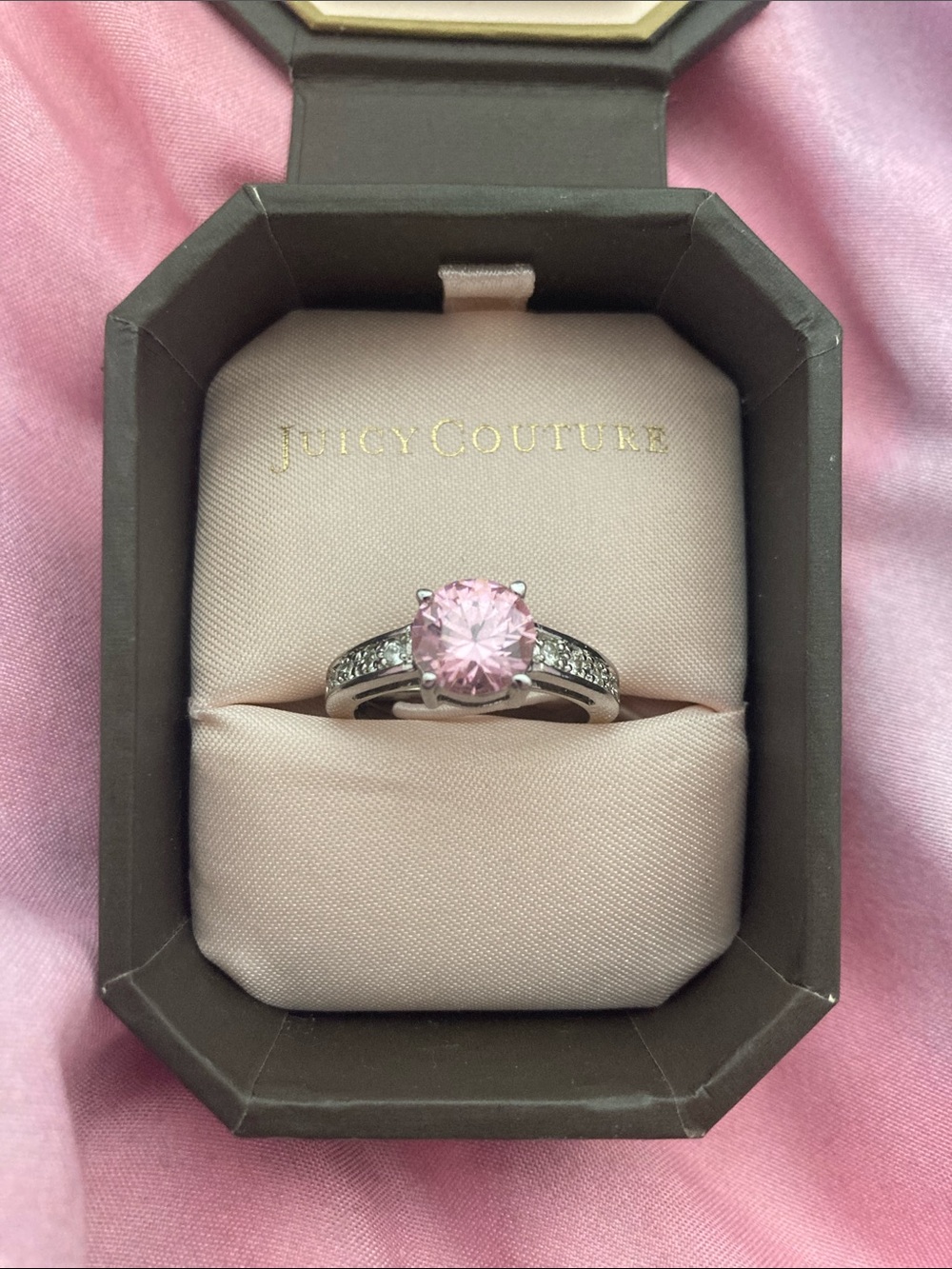 Silver Ring with Pink Center Stone and Pavé Accents